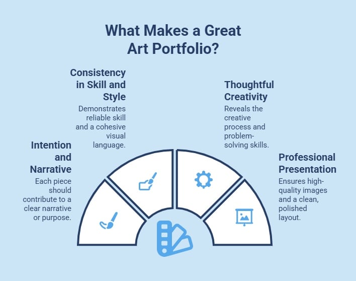 Infographic explaining what makes a great art portfolio: consistency, intention and narrative, thoughtful creativity and professional presentation