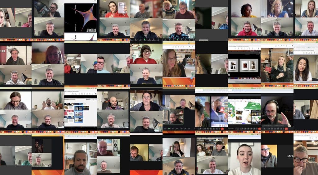 Grid of Zoom calls with Ex Why Zed clients discussing book printing specs and paper choices