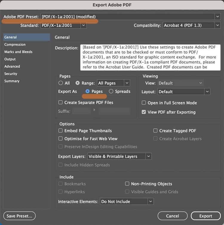 InDesign Export Adobe PDF General settings showing PDF/X-1a:2001 preset and Export As Pages selected.