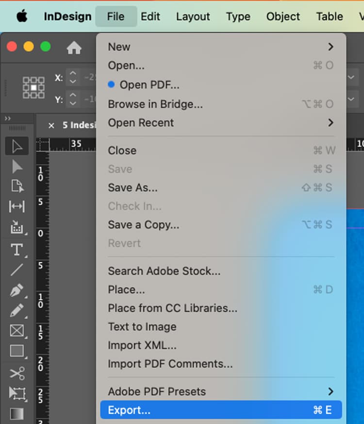 Adobe InDesign File menu with Export highlighted (Cmd + E) to create a print-ready PDF.