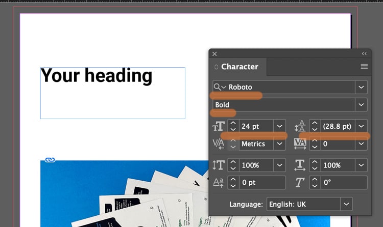 InDesign heading text with the Character panel open for changing font weight and size.