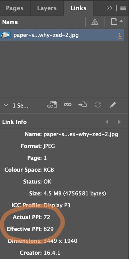 InDesign Links panel showing image details and Effective PPI for checking print quality before exporting.