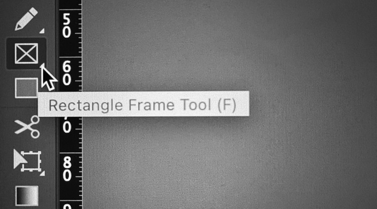 Adobe InDesign toolbar showing the Rectangle Frame Tool (F) used to draw an image frame before placing a photo.