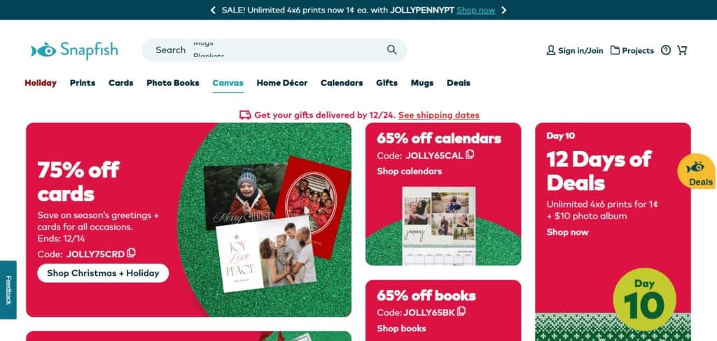 Snapfish website screenshot featuring photo prints, cards and seasonal deals