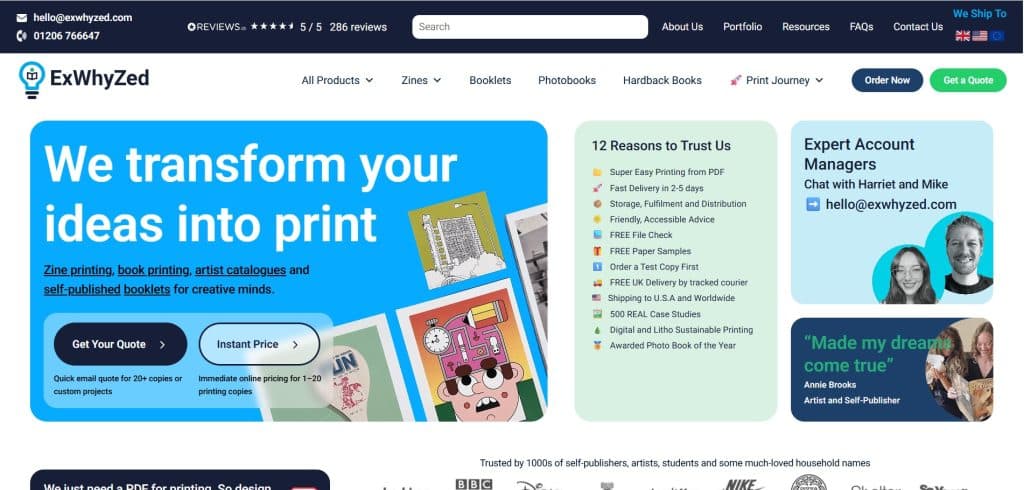 Ex Why Zed homepage showing “We transform your ideas into print” with print options and trust points