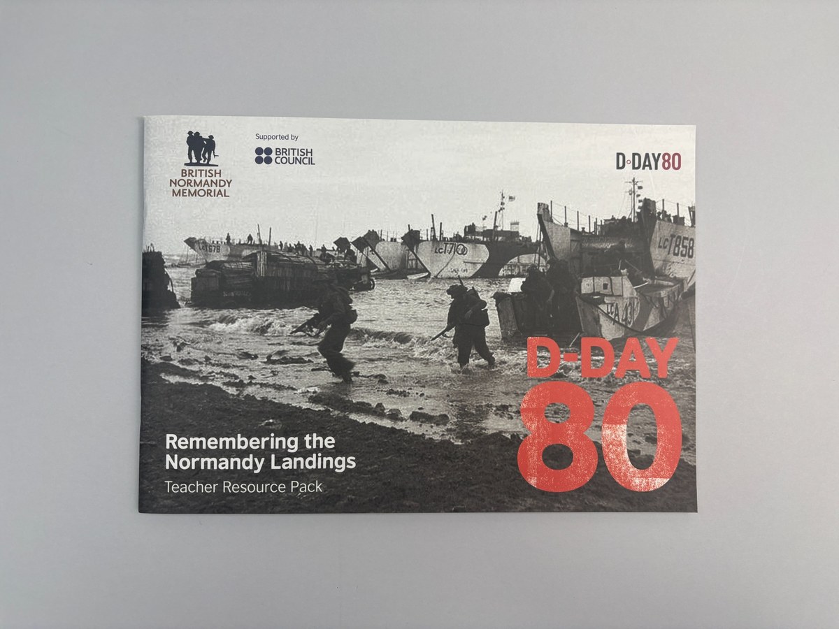 D-Day 80 teacher resource pack, A4 landscape stapled booklet with matt laminated cover for The British Normandy Memorial