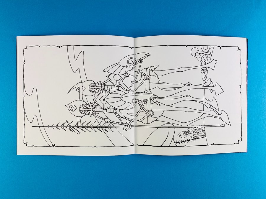 Open colouring book spread with bold line-art illustration, printed on bright white paper on a blue background.