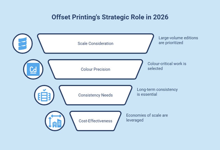 Infographic outlining offset printing’s role in 2026 for scale, colour precision, long-term consistency and cost-effectiveness.