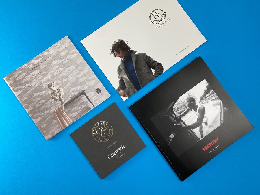 Business owner holding a stack of printed brochures and marketing samples on a blue backdrop, showing how print supports local promotion.