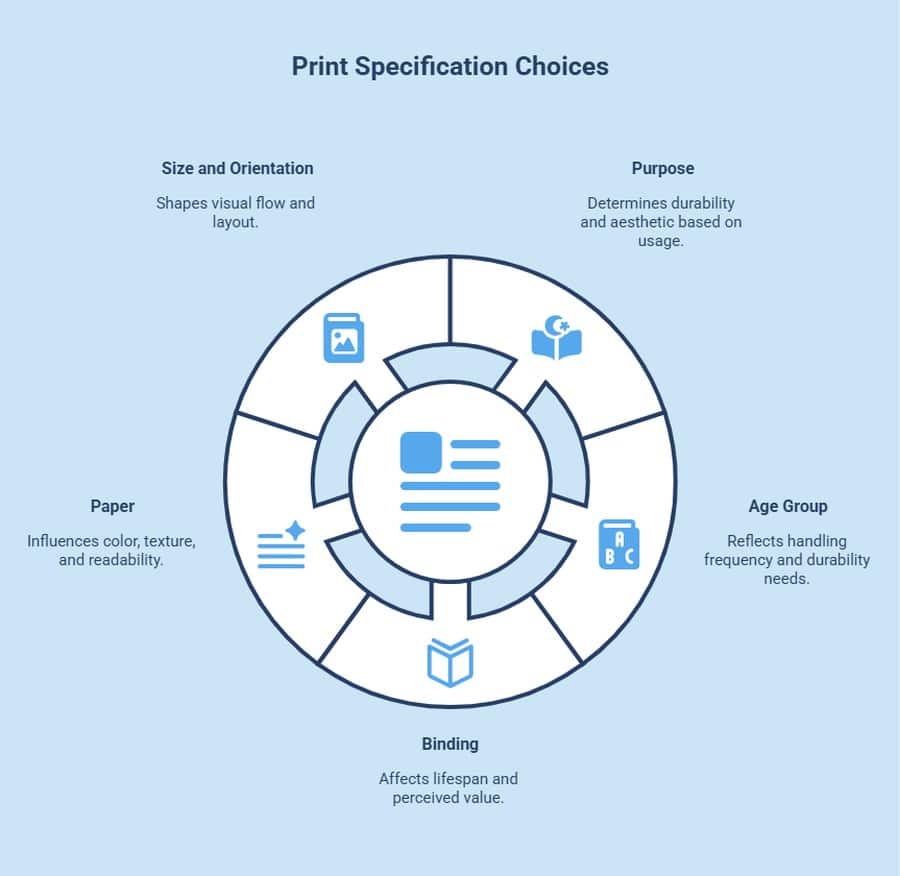 Infographic explaining how to choose the right print specification for a children's book, covering size, paper, binding, age group and purpose.