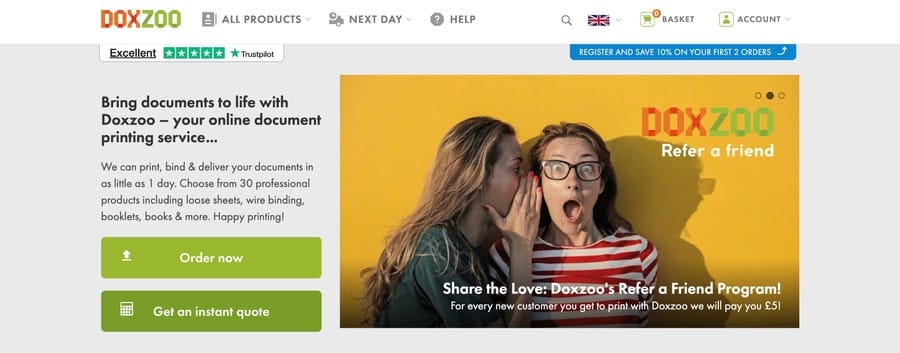 Doxzoo homepage showing online document and booklet printing with instant quote and order options.