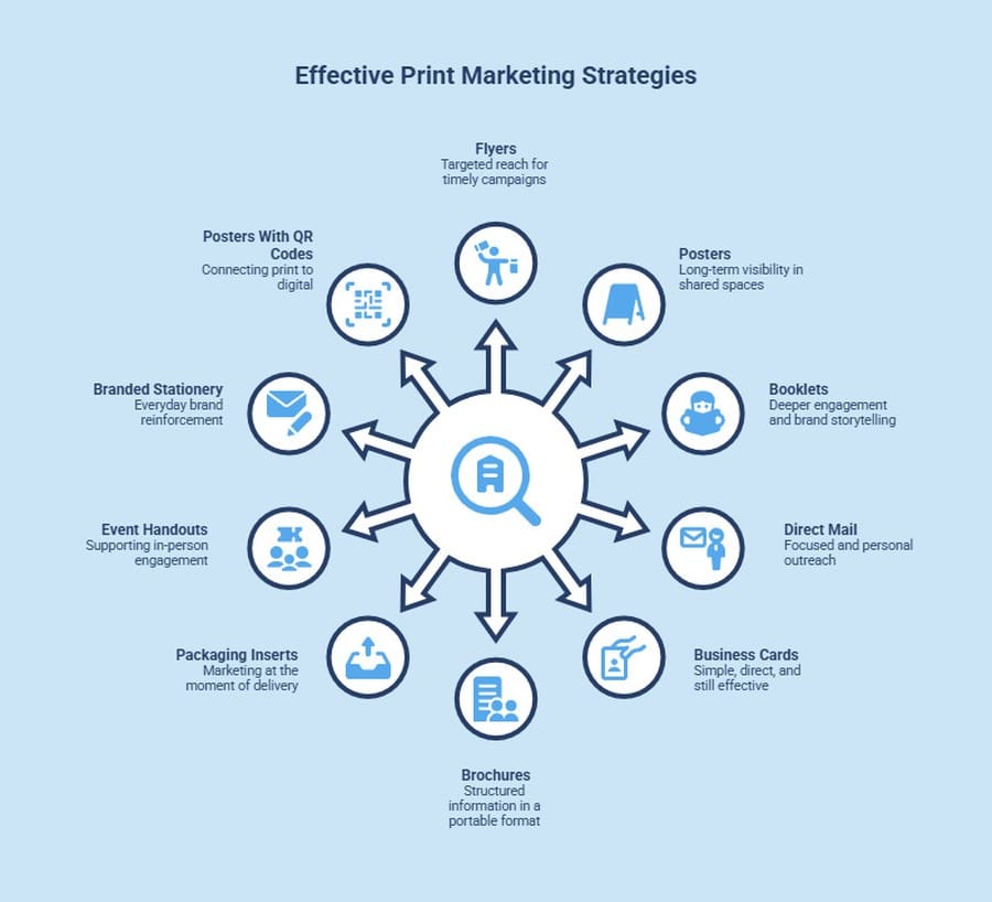 Infographic showing effective print marketing formats such as flyers, posters, booklets, direct mail, business cards and brochures.