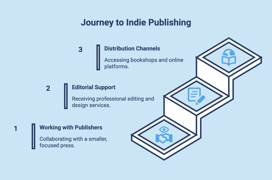 An infographic showing the journey of indie publishing from working with a small press to distribution channels.