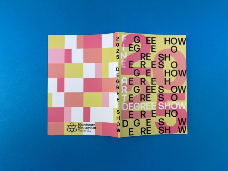 A5 perfect bound Manchester Metropolitan University degree show catalogue cover with bold graphic type, printed by Ex Why Zed.