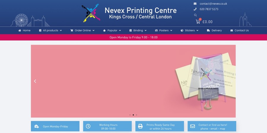 Nevex Printing Centre homepage showing local London printing services for booklets, posters, binding and same day jobs.