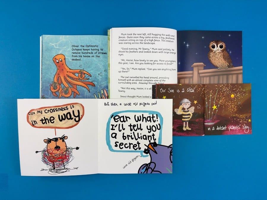 Children’s picture book pages with bold illustrations, hand-drawn typography and colourful scenes showing the impact of illustration and design.