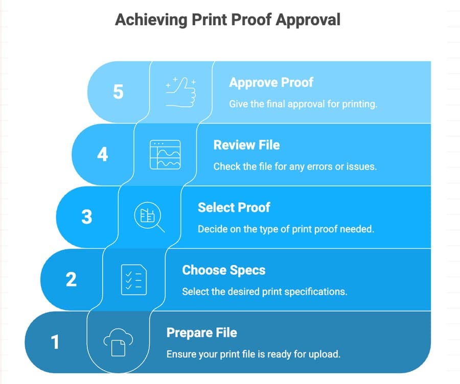Step-by-step graphic of print proof approval, from preparing the file and choosing specs to reviewing and approving the proof.