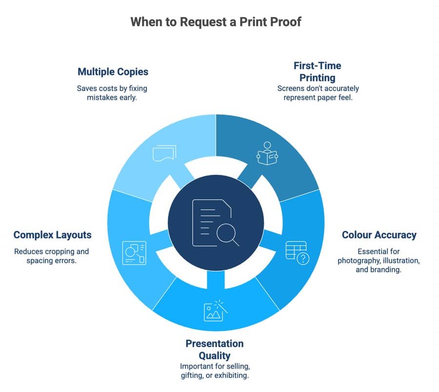 Graphic listing when to request a print proof, including first-time printing, complex layouts, colour accuracy and presentation quality.