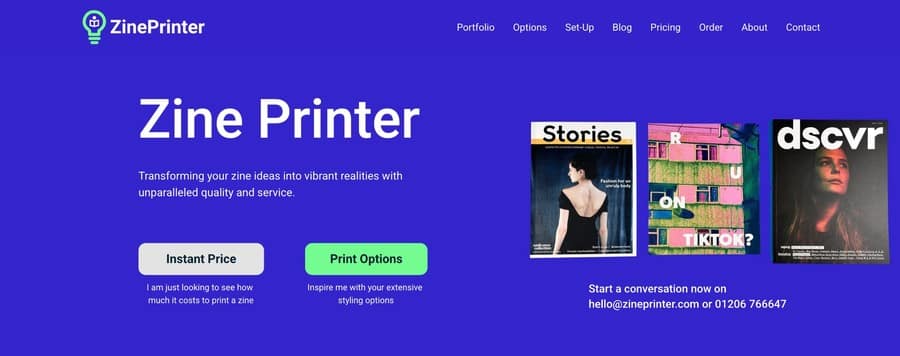 ZinePrinter homepage focused on dedicated zine printing with instant pricing, print options and portfolio examples.