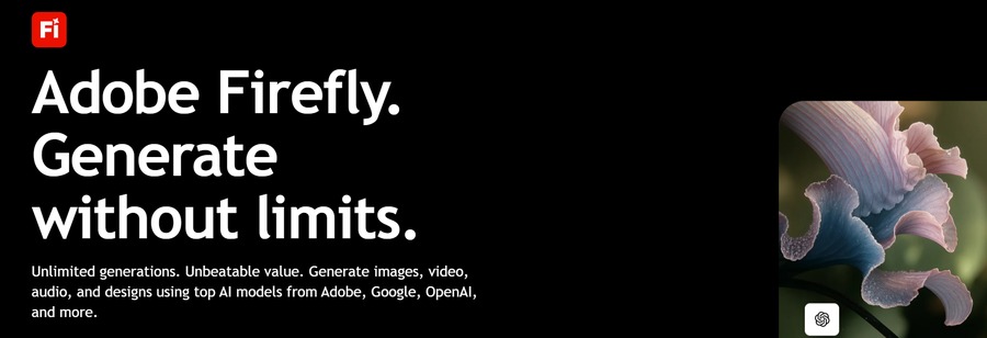 Adobe Firefly screen promoting unlimited AI image, video, audio and design generation.