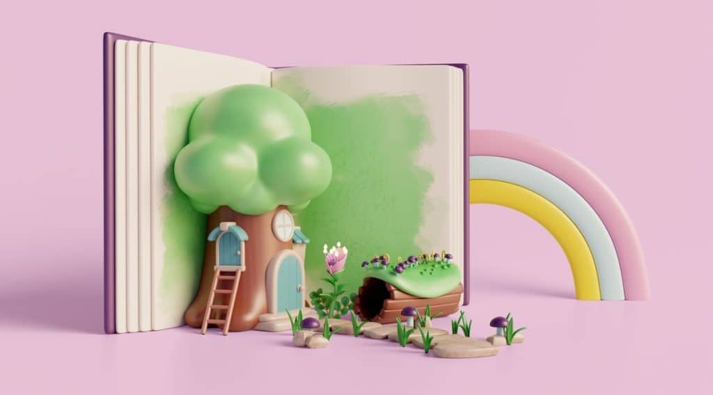 Pastel 3D storybook scene with a treehouse, rainbow and open book for AI children’s illustration.