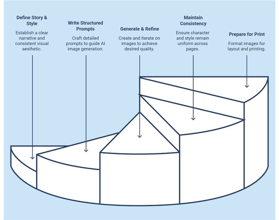 Workflow infographic showing the steps from story style and prompts to consistent print-ready images.