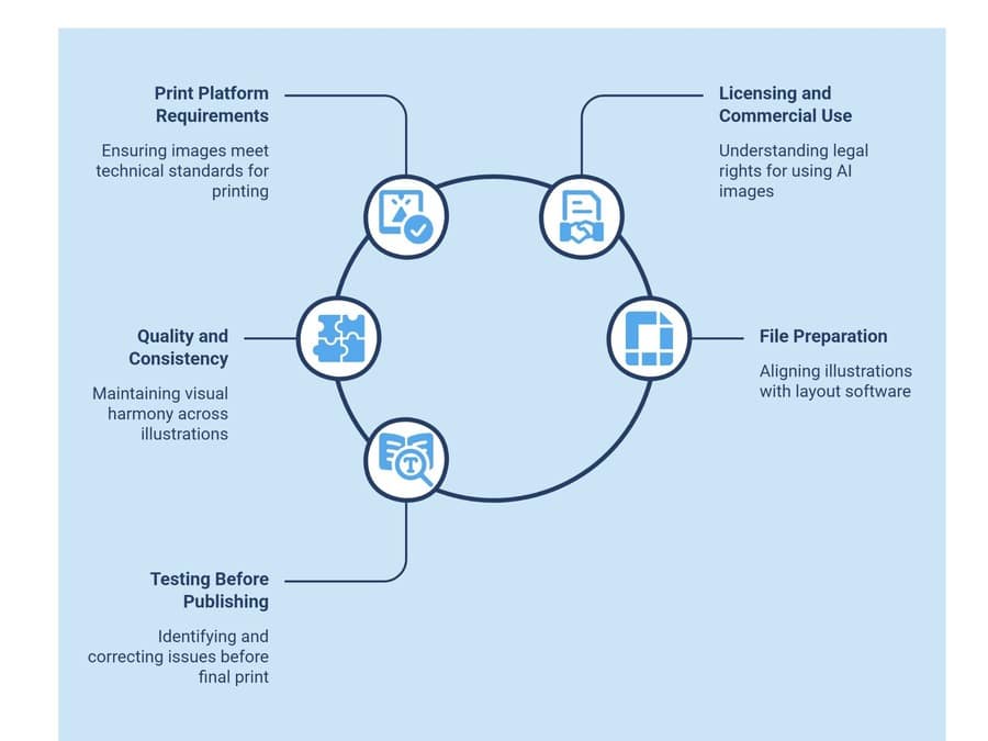 Blue infographic outlining print requirements, licensing, quality, file preparation and testing.