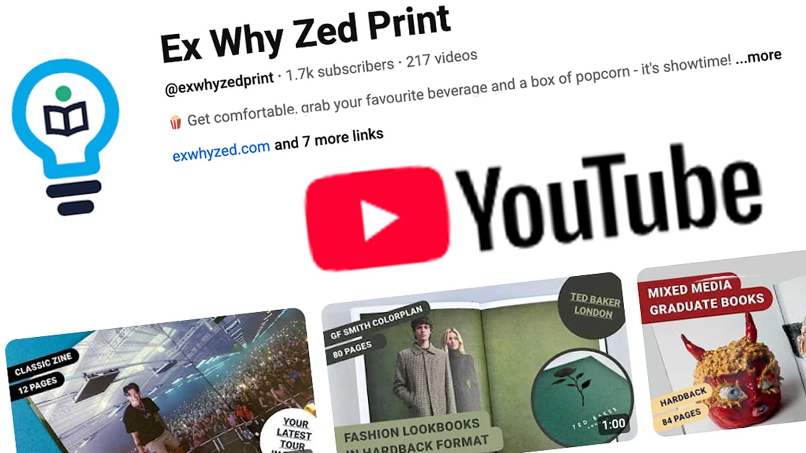 Ex Why Zed YouTube channel featuring video guides about book printing, zines, hardback books and creative print advice.