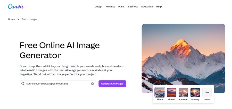 Canva Text to Image page showing an AI image generator prompt and mountain artwork preview.