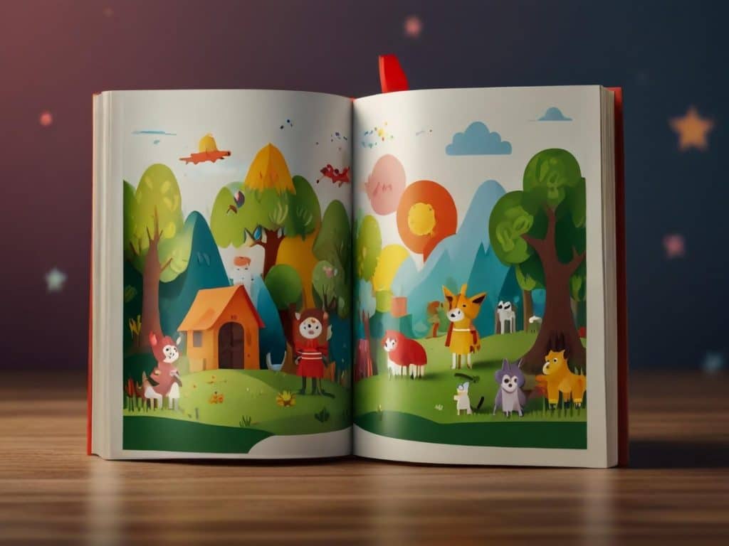 Open illustrated children’s book showing a colourful storybook spread, introducing how to use ChatGPT to create and print a children’s book.