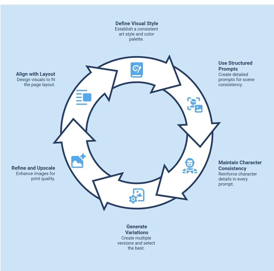 Circular workflow diagram showing how to create consistent AI illustrations for a ChatGPT children’s book using style, prompts, characters and print-quality refinement.
