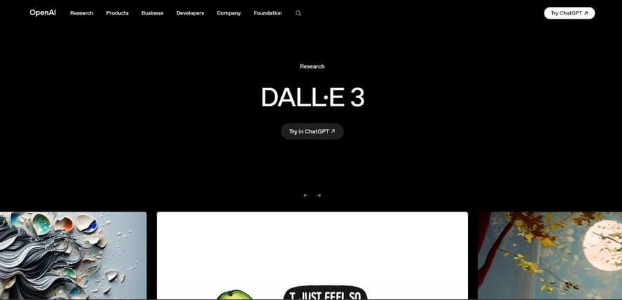 OpenAI DALL·E 3 landing page showing example AI-generated artwork for illustration projects.