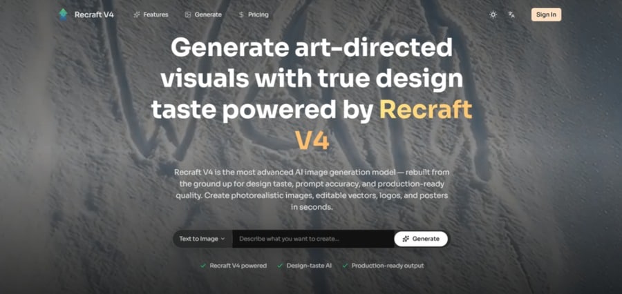 Recraft V4 homepage presenting art-directed AI visuals for production-ready design.
