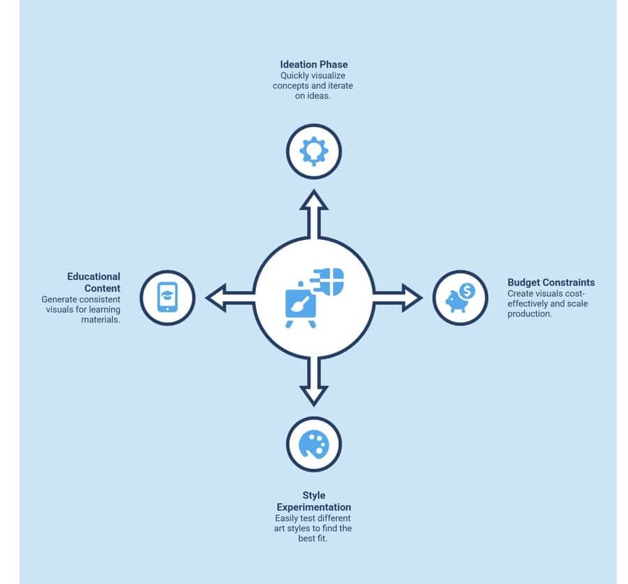 Infographic showing when to use AI for children’s book illustration, from ideation to education.