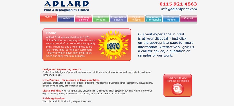 Adlard Print website showing litho, digital and finishing services for Nottingham print customers.