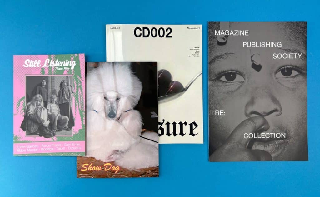 Four creative magazines laid out on a bright blue background for an Oxford magazine printing guide.