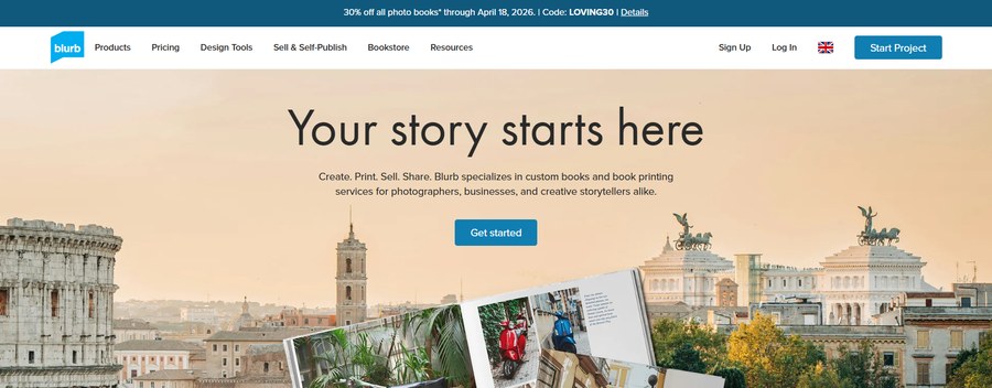 Blurb homepage introducing custom book printing services for photographers and creative storytellers.