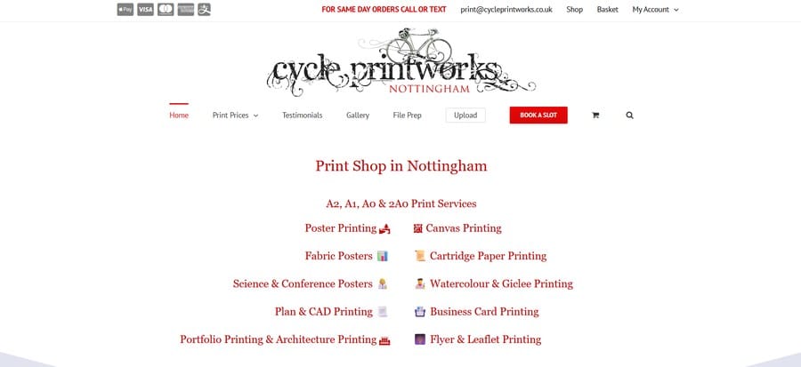 Cycle Printworks Nottingham website listing poster, canvas, plan and business card printing services.