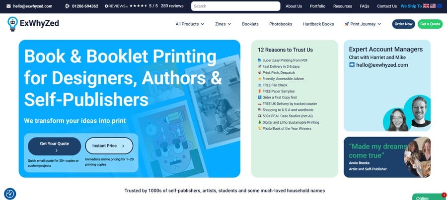 Ex Why Zed website showing book and booklet printing services for designers, authors and self-publishers.