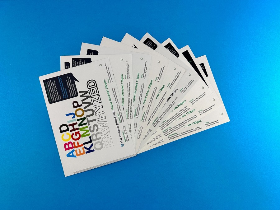 Fan of Ex Why Zed paper sample sheets showing GSM options for magazine covers and inside pages.