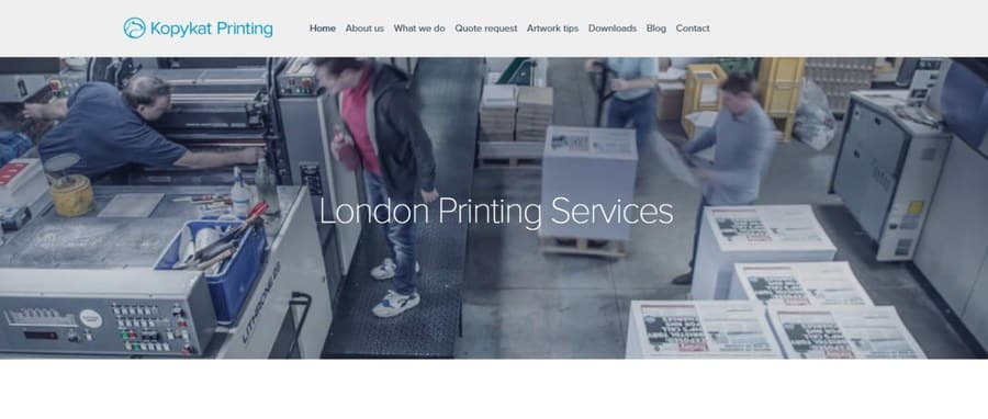 Kopykat Printing website showing London printing services in a busy production environment.