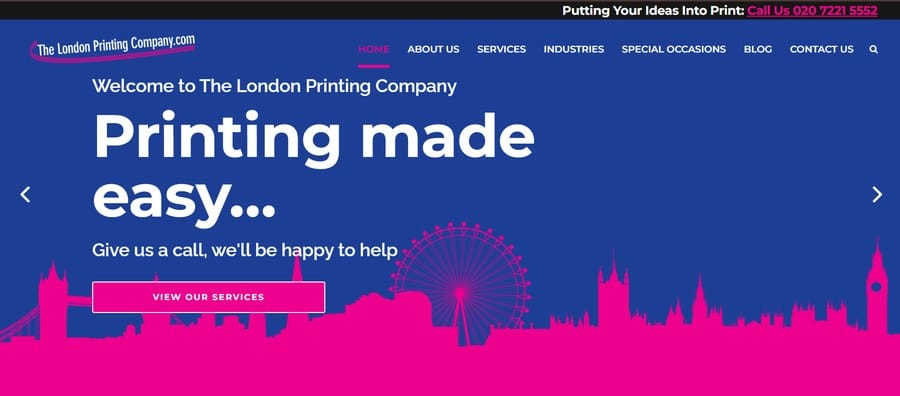 The London Printing Company website showing a bold Printing made easy message over a city skyline.