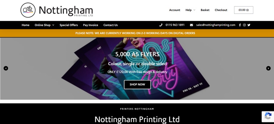 Nottingham Printing Ltd website homepage showing flyer offers and quick digital print turnaround information.