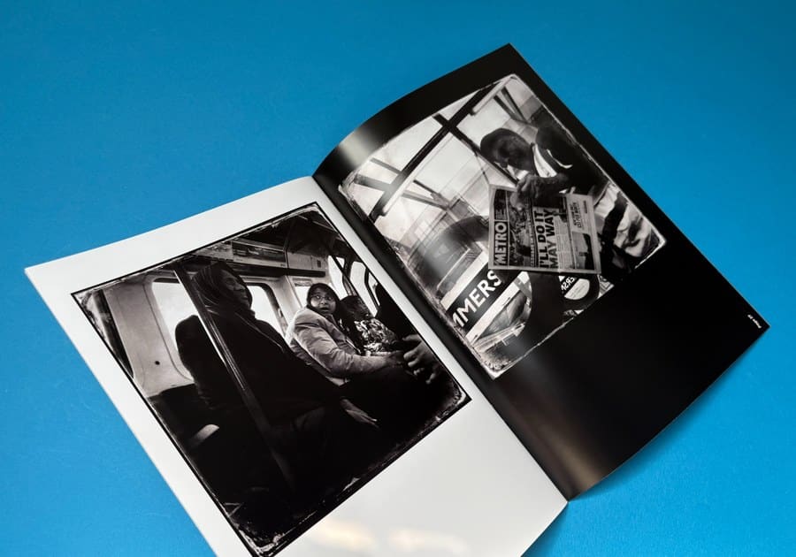 Black and white printed zine spread with photographs showing contrast, ink density and paper finish.