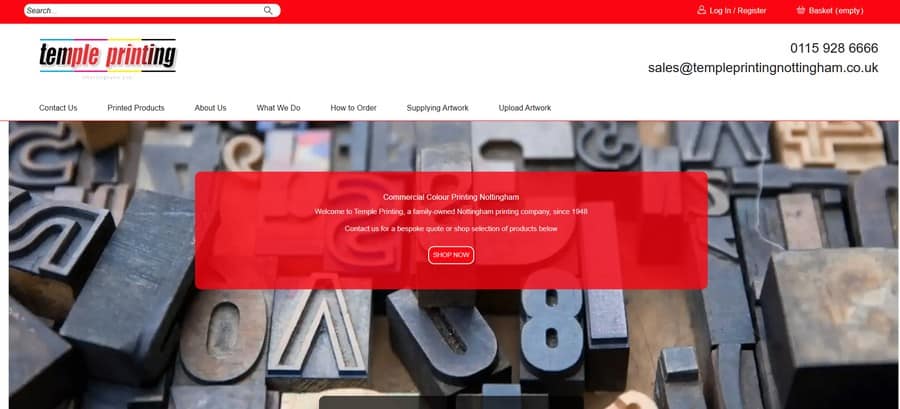 Temple Printing Nottingham website showing commercial colour printing and contact details.