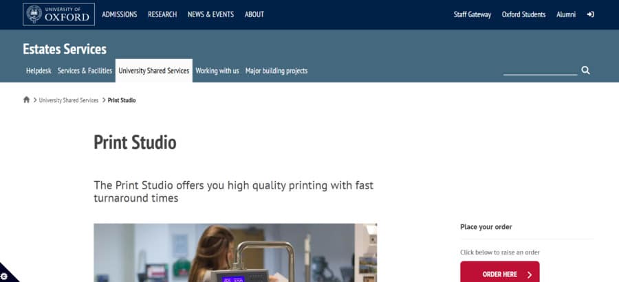 University of Oxford Print Studio web page describing high quality printing with fast turnaround times.