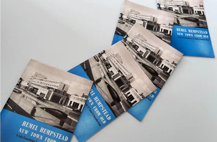 A5 saddle stitch booklets of Hemel Hempstead: New Town from Old fanned out to show consistent page order and trim