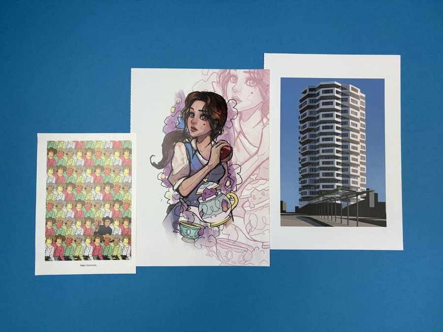 A4 and A3 digital art prints displayed side by side, comparing standard print sizes and the surfaces artists can choose for their artwork.