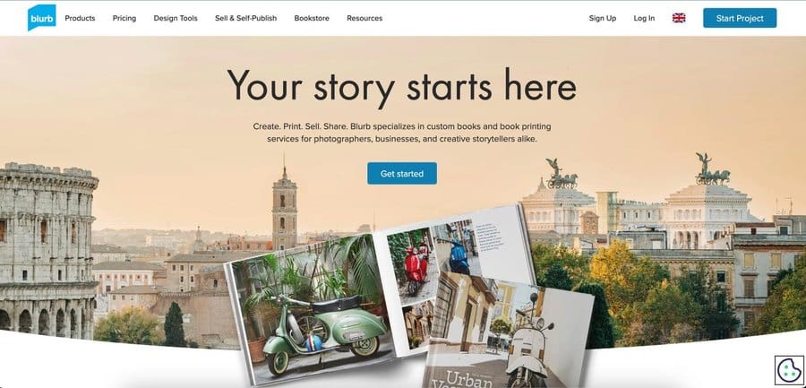 Screenshot of the Blurb homepage, a creative publishing platform for photo books and portfolios