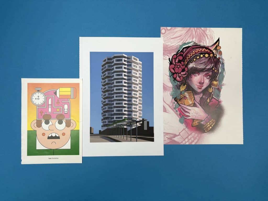 Three digital art prints in different sizes printed on fine art paper by Ex Why Zed, showing how print size affects the cost of printing digital art in the UK.